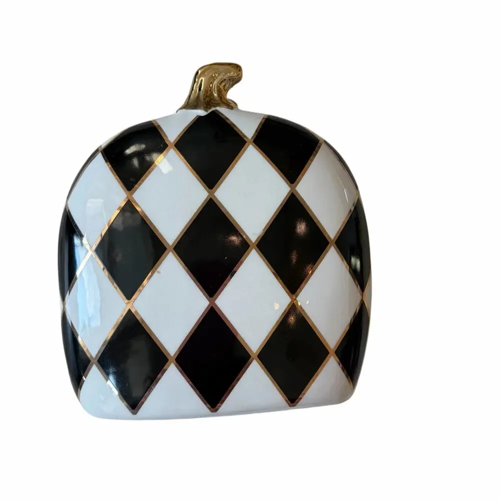 Black & White Harlequin Check Pumpkin Napkin Holder 6in Ceramic Halloween NEW